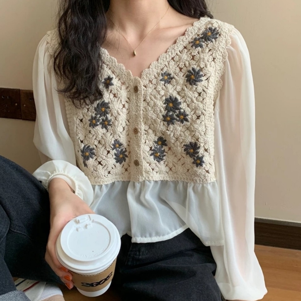Embroidered V Neck Chiffon Long Sleeve Top